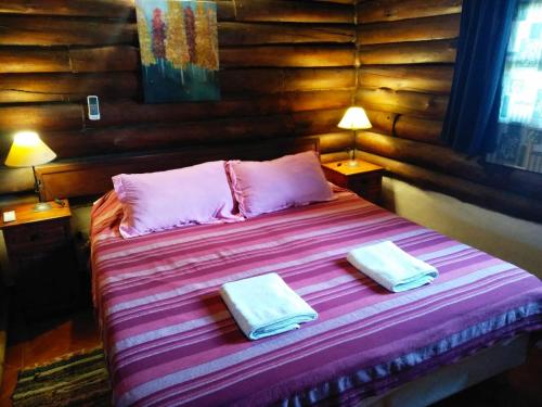 富内斯Quechua Cabañas Funes的一间卧室配有一张床,上面有两条毛巾