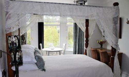 兰德林多德威尔斯格雷兰兹旅馆的一间卧室设有天蓬床和窗户。
