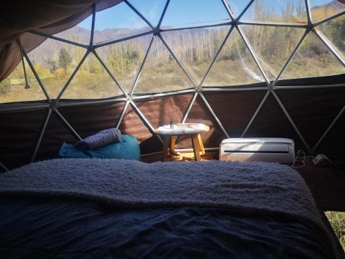 卢汉德库约Glamping Mendoza的圆顶帐篷内的卧室配有1张床和1张桌子