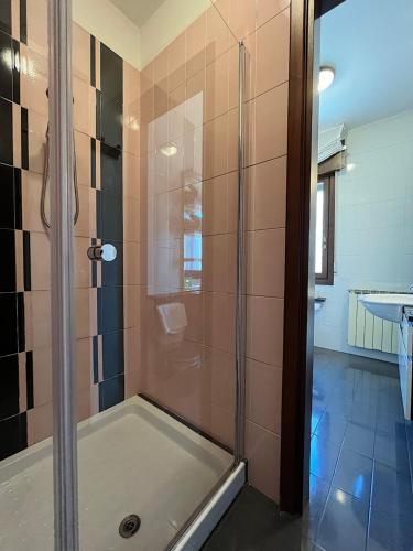 格拉多Appartamento Marchesini的浴室里设有玻璃门淋浴
