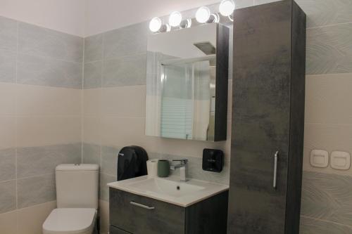 卡西奥皮Wave Luxury Apartments的一间带水槽、卫生间和镜子的浴室