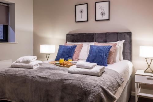 泰恩河畔纽卡斯尔Luxury apartment 5 min to city centre*free parking的一间卧室配有一张带蓝色枕头的大床