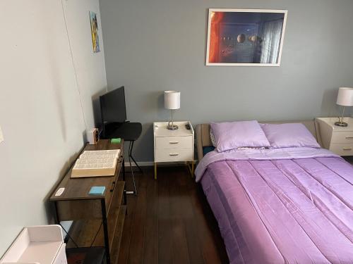 费德勒尔韦Shared Space with Private room in Beautiful Lakefront Apartment的一间卧室配有一张床和一张带电脑的书桌