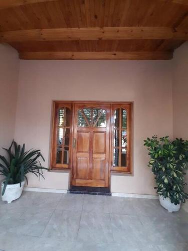 阿尔韦亚尔将军镇Casa amplia y cómoda的木门,有两盆植物的房间