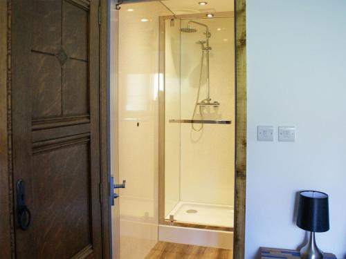 Pen-y-bont-fawrLletyr Saer的带淋浴的浴室和玻璃门