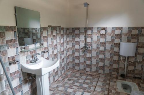 锡卡都Greenwood Resort Skardu的一间带水槽和镜子的浴室