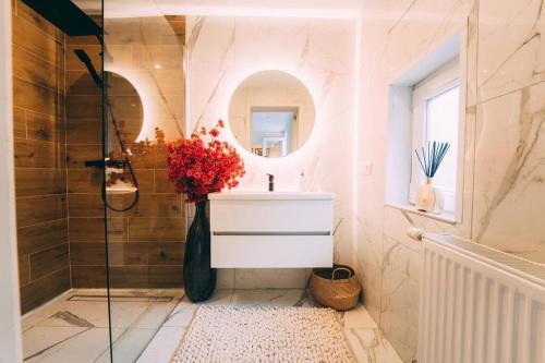 QuaregnonZenansa spa privatif的一间带水槽和镜子的浴室