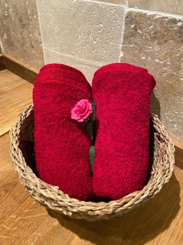 Saint-Martin-du-PuyChambre d'hôtes La Chouette的篮子,两条红色毛巾和粉红色的花
