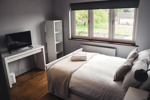 都柏林Phoenix House的一间卧室设有一张带电视和窗户的床。