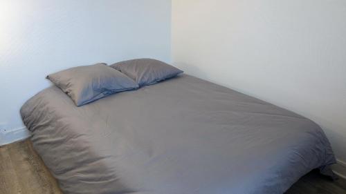 阿朗松Chambre Chez l'habitant - Chez Fab的一张带枕头的床,放在房间的角落