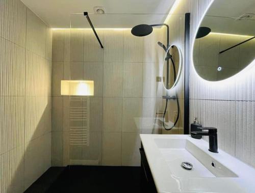 马赛Chez Antho T4 - appart T4 moderne en plein cœur du Panier的一间带水槽、淋浴和镜子的浴室