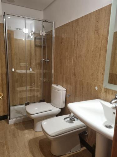 格拉纳达Cozy apartment in the city center的浴室配有卫生间、淋浴和盥洗盆。