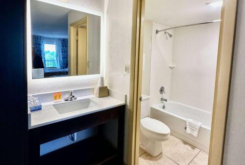 夏洛特戴斯北湖汽车旅馆的一间带水槽、卫生间和镜子的浴室