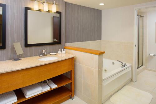 Montvale蒙特威尔万怡酒店的一间带水槽、浴缸和镜子的浴室