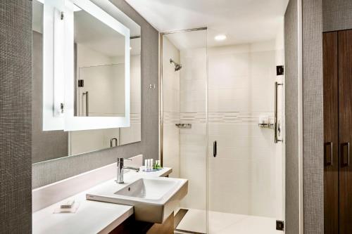 查尔斯湖查尔斯湖万豪春季山丘套房酒店的白色的浴室设有水槽和淋浴。
