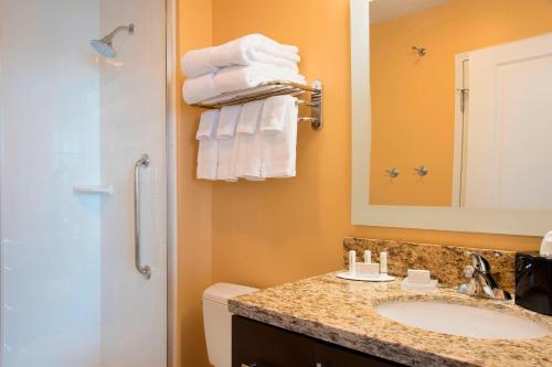 尚佩恩万豪香槟广场套房酒店的浴室配有盥洗盆、淋浴和毛巾