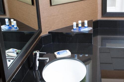 安纳海姆阿纳海姆山桔县费尔菲尔德客栈的一间带卫生间、水槽和镜子的浴室