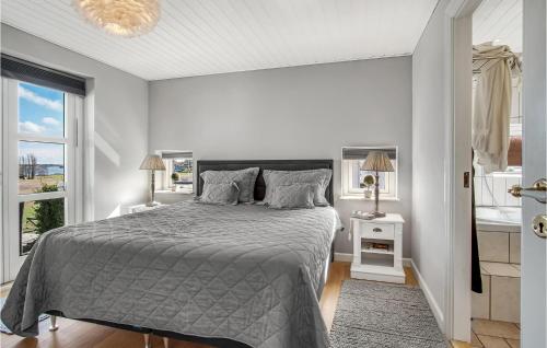 科瑟3 Bedroom Beautiful Home In Korsr的一间卧室配有一张带灰色棉被的床和两个窗户