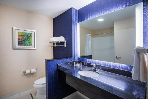 塔尔萨Fairfield Inn & Suites Tulsa Downtown Arts District的蓝色的浴室设有水槽和卫生间