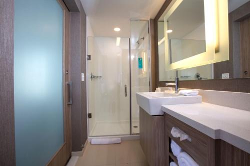 纽瓦克Springhill Suites By Marriott Newark Downtown的带淋浴、盥洗盆和镜子的浴室