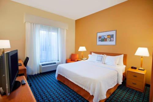 罗缪勒斯Fairfield Inn & Suites by Marriott Detroit Metro Airport Romulus的配有一张床和一台平面电视的酒店客房