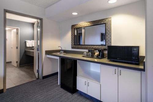 盐湖城盐湖城机场万怡酒店的一间带水槽和镜子的浴室