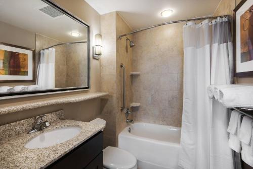 塞金塞甘万豪唐普雷斯套房酒店的一间带水槽、浴缸和卫生间的浴室