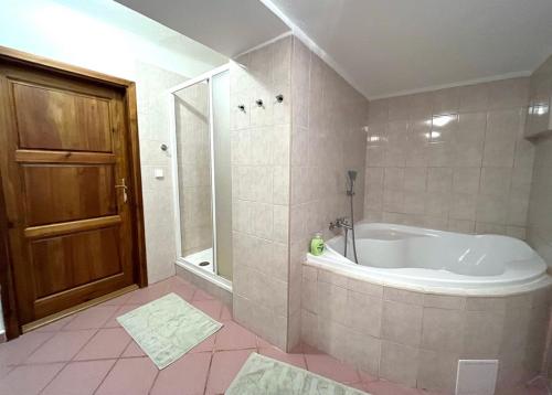 捷克克鲁姆洛夫Apartmány Na Rynku Chvalšiny 18的带浴缸和步入式淋浴间的浴室