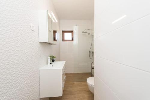 普利拉卡Villa Mattina, with heated pool and jacuzzi的白色的浴室设有卫生间和水槽。