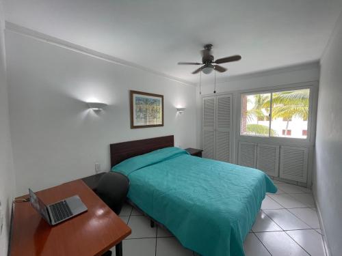 赛姆Casa Blanca: Frente al mar的一间卧室配有一张床、一张书桌和一个窗户。