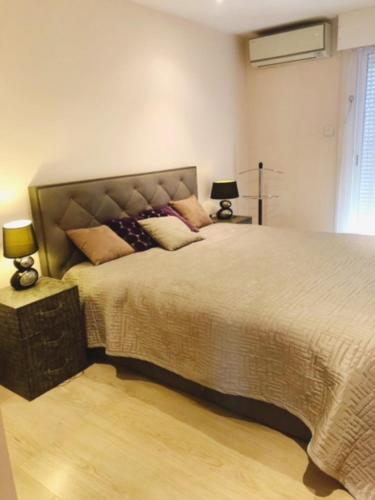 尼斯Luxurious appartment near the airport Nice的一间卧室配有一张大床和枕头