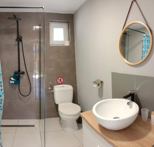 古拉哈莫卢洛伊Casa Justin的带淋浴、卫生间和盥洗盆的浴室