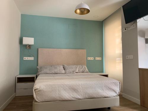 阿兰达德杜洛Joyel de la Ribera的一间卧室设有一张床和蓝色的墙壁