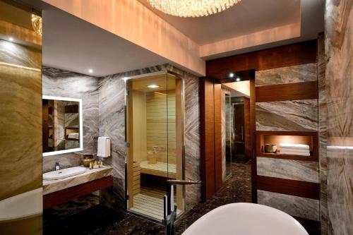 康斯坦丁康斯坦丁万豪酒店的带浴缸、盥洗盆和卫生间的浴室