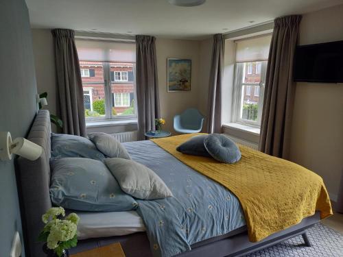 博克斯梅尔B&B Huize Placida的一间卧室配有带枕头的床和2个窗户。