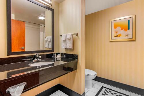曼切斯特霍克赛特Fairfield Inn & Suites酒店的一间带水槽、卫生间和镜子的浴室