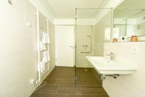 格伦德霍夫Appart-Hotel Ernz Noire的白色的浴室设有水槽和淋浴。