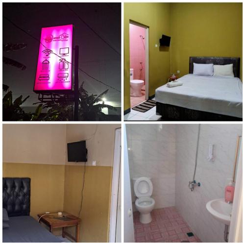 井里汶PONDOK CHILLY的一张床位和一间浴室的三幅房间照片