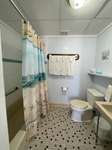 威尔伍德克拉斯特Barcelona Motel的一间带卫生间和淋浴帘的浴室
