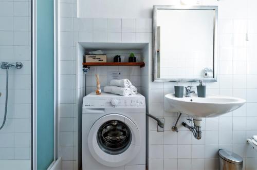 杜布罗夫尼克Dubrovnik Heritage Apartments的一间带洗衣机和水槽的浴室