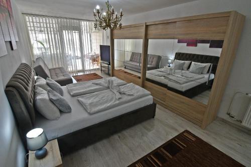 卡鲁扎Apartmany Zemplinska Širava Timea的一间卧室配有一张床、一张沙发和一面镜子