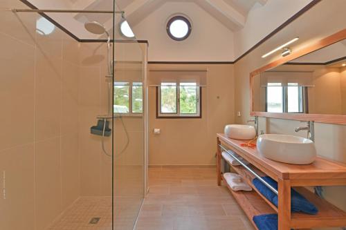 Saint BarthelemyVilla Yvantino的一间带两个盥洗盆和淋浴的浴室