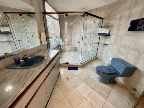 圣玛尔塔Casa Miramar的浴室配有蓝色卫生间和淋浴。