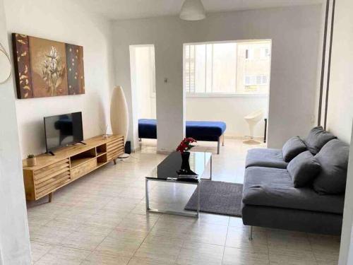 Qiryat H̱ayyimПрекрасная квартира на берегу Средиземного моря的带沙发和电视的客厅
