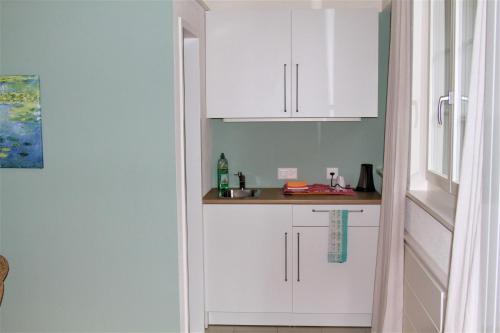 FlaachStudio beim Rhein - Ziegelhütte的厨房配有白色橱柜和柜台。