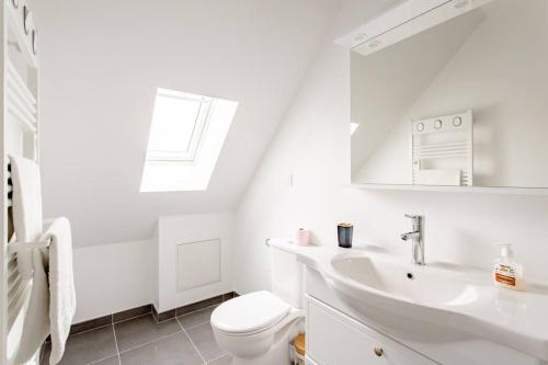 摩兰吉斯Joli appartement proche Paris Orly的白色的浴室设有卫生间和水槽。