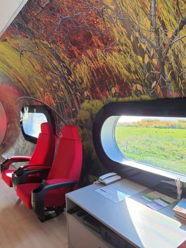 Wiślicanormobaria Górki的一间办公室,里面装有红色椅子,火车上画着一幅画