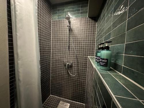 新乌尔姆Soulfactory Apartments的带淋浴的浴室(带1瓶肥皂)