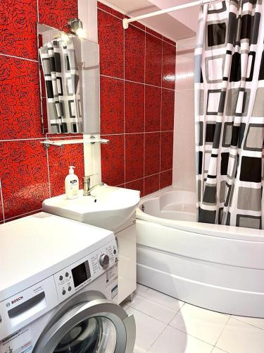 奥拉迪亚Eden Guest Aparthotel, Oradea, Romania的一间带洗衣机和洗衣机的浴室。