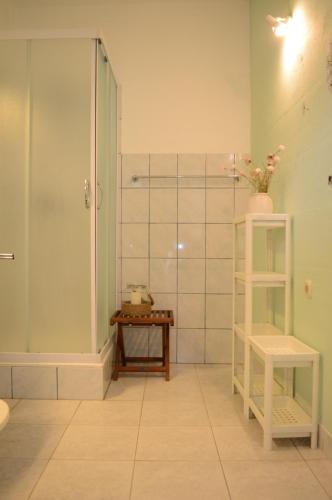 普契什查Visilo Stone House的带淋浴、桌子和凳子的浴室